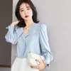 Kvinnors blusar eleganta ruffles kvinnor skjortor 2023 hösten långärmad kontor damer formella koreanska mode casual grundläggande toppar