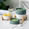 Plates Salad Dessert Bowl With Wooden Holder Stackable Ceramic Fruits Porcelain Tableware Kitchen Container Storage