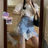 Survêtements pour femmes doux deux pièces ensemble femmes été chemise à manches courtes bleu dentelle garniture Shorts mignon costume pour fille Kawaii vêtements femmes