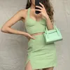 Jupes Taille haute Sexy Mini une ligne jupe 2023 Plaid imprimé costume été femmes vert 2 deux pièces ensemble licou cou sans manches Y2k culture hauts jupes