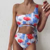 Kvinnors badkläder Floral One Shoulder Bikini Set 2023 Midja Strappy Swimsuit Women High Split Bathing Backless Bandage Biqini A50