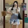 Survêtements pour femmes doux deux pièces ensemble femmes été chemise à manches courtes bleu dentelle garniture Shorts mignon costume pour fille Kawaii vêtements femmes