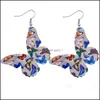 Dangle Chandelier Fashion Designer Pu Leather Earrings Colorf Butterfly Pattern Double Side Printed Hook For Women Summer Jewelry Dh0Ty