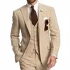 Męskie garnitury Blazers Beige Trzyczęściowe partie biznesmene szczyt Lapel Two Button Custom Made Wedding Groom Tuxedos 2023 Pants Pants Kamizelka