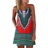 Casual Dresses Bohemian Sling Sexig miniklänning Kvinnor ärmlös V-ringning av axel rygglös tryck 2023 Summer Ladies Beach