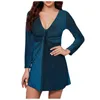 Maillots de bain pour femmes Robes de soirée à encolure en V profonde de Noël Mini robe sexy Couleur unie à manches longues Vêtements enveloppants en soie brillante