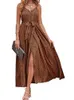 Casual Dresses Vintage Retro Beachwear Holiday Long Dress Women Summer Spaghetti Strap Sashes High Split Party Vestidoscasual