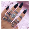 Anillos de racimo Moda Carve Antique Sier Midi Set para mujer Turtle Crown Heart Lotus Knuckle Finger Mujer Joyería bohemia Regalo Dro Dh5Ob