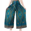 Женские штаны Capris Этническая печатная печать широкая мода с высокой талией повседневной ремень свободный винтажный отдых гарем -брюк