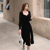 Sıradan Elbiseler 2023 Sleeve Velvet Elbise Kadınlar Partisi Midi Ofis Lady Elegant Tek Parça Kore Moda Sonbahar Siyah