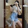 Survêtements pour femmes doux deux pièces ensemble femmes été chemise à manches courtes bleu dentelle garniture Shorts mignon costume pour fille Kawaii vêtements femmes