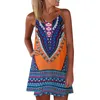 Casual Dresses Bohemian Sling Sexig miniklänning Kvinnor ärmlös V-ringning av axel rygglös tryck 2023 Summer Ladies Beach