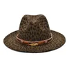 Breda randen hattar damer ull fedora hatt leopard tryck man jazz våren och hösten stor f30