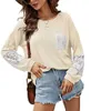 T-shirts femme automne dentelle à manches longues col rond tunique poche avant chemise mode confortable décontracté hauts amples Camisas De Mujer