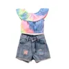 Clothing Sets Girl's 2Pcs Clothes Set Sleeveless Ruffled Boat Neck Colorful Short Tops With Ripped Jeans For Summer