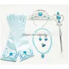 Décoration de fête Princesse Vêtements Accessoires Couleurs Dorées Couronne Baguette Magique Collier Anneau Boucle D'oreille Gant Costume Filles Dress Up Prop 1 Dhou4