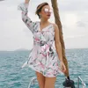 Robes décontractées Une épaule à volants Floral Wrap Robe Deep V Col Spaghetti Strap Taille Haute Femmes Mini 2023 Summer Beach Boho B427