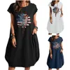 Party Dresses USA Flag Printed Summer For Women 2023 Casual Short Sleeve Round Neck With Pocket Cotton Linen Loose Dress