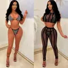 Chándales de mujer Summer Sexy See Through Sheer Mesh 4pcs Set Lentejuelas Bikini y Hollow Out Crop Cover Pantalones largos y ajustados Holiday Beachwe