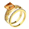 結婚指輪 2023 スクエアシャンパンジルコンダブル女性男性ゴールドカラー中空植物ジュエリーホワイトシャイン婚約ギフト Edwi22