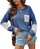 T-shirts femme automne dentelle à manches longues col rond tunique poche avant chemise mode confortable décontracté hauts amples Camisas De Mujer