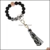 Key Rings Wooden Beads Wristlet Ring Solid Color Stretchy Sile Bracelet Keychain With Tassel For Lady Bag Pendant Q385Fz Drop Delive Dhf8D