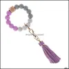 Key Rings Wooden Beads Wristlet Ring Solid Color Stretchy Sile Bracelet Keychain With Tassel For Lady Bag Pendant Q385Fz Drop Delive Dhf8D