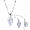 Earrings Necklace Fashion Leaves Accessories Set For Women Imitation Blue Fire Opal Plant Pendant Wedding Jewelry C3 Drop Delivery Dhcs5