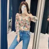 Women's Blouses & Shirts 2023 Flower Print Silk Satin Textured Shirt Casual Fashion V-Neck Long Sleeve Buttons Chic Female Elega