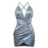 Lässige Kleider Frauen Sexy V-Ausschnitt rückenfrei Kreuzgurt reflektierende Bronzing Nachtclub Kleid elegante Party Club Doppelfutter Mantel KleiderCas