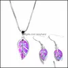 Earrings Necklace Fashion Leaves Accessories Set For Women Imitation Blue Fire Opal Plant Pendant Wedding Jewelry C3 Drop Delivery Dhcs5