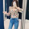 Women's Blouses & Shirts 2023 Flower Print Silk Satin Textured Shirt Casual Fashion V-Neck Long Sleeve Buttons Chic Female Elega