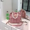 22A Bolsa Feminina Roxa de Tweed Bucket com Cordão Clássica Mini Corrente Pérola Com Charms Transversal Ombro Bolsas De Designer Ao Ar Livre 22*20