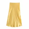 Skirts Womens Summer 2023 Yellow Buttoned Slit Satin Elegant Skirt Solid Color Office Lady Temperament Long SkirtsSkirts