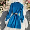 Casual Dresses Belt Knitwear Pollover Jumper Warm Sweater Dress Women 2023 Thick Solid Knitted Winter Korean Woman Vestido Mini