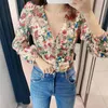 Women's Blouses & Shirts 2023 Flower Print Silk Satin Textured Shirt Casual Fashion V-Neck Long Sleeve Buttons Chic Female Elega