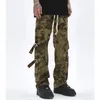 Pantalons pour hommes High Street Genou Lacet Camouflage Cordon Mens Cargo Droite Lâche Rétro Harajuku Sangles Casual Pantalon SurdimensionnéMen's