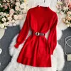 Casual Dresses Belt Knitwear Pollover Jumper Warm Sweater Dress Women 2023 Thick Solid Knitted Winter Korean Woman Vestido Mini