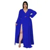 Casual jurken 2023 Zomer dames plus size elegante v-hals lange mouwen sexy massieve kleur spleet met een hele lengte jurk met volledige lengte groothandel