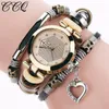 Pulseira de pulso Brand Vintage Cow Leather Bracelet Watches Casual Women Crystal Love Heart Pingente Quartz Assista Relogio femininowristwatches