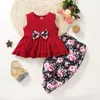 Kledingsets Girls Kleding Fashion Suits 2023 Zomer mouwloze Bow Rokt Tops Gedrukte broek 2 stks 1-6 jaar oud