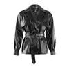 Giacche da donna 2023 Giacca primaverile Cool Pu Leather Black Con cintura Colletto rovesciato Cappotto da donna a punto aperto Chaqueta Mujer