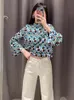 Women's Blouses & Shirts Zar 2023 Geometric Print Crop Top Woman Blue Vintage Blouse Women High Neck Wide Long Sleeve Female Elegant