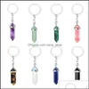 Konst och hantverk Natural Stone Hexagonal Prism Nyckelringar Keychains Healing Pink Crystal Car Decor Bag Chain Keyholder For Women Men J DHWQH