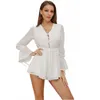 Women's Jumpsuits & Rompers Solid Deep V Neck Bw Tie Slim Elegent Playsuits Women Flare Sleeve Spring Summer Sexy Short Overalls Plus-sizeWo