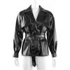 Women's Jackets 2023 Spring Jacket Cool Pu Leather Black With Belt Turn Down Collar Open Stitch Women Coat Chaqueta Mujer