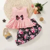 Zestawy odzieży Girls Ubrania moda 2023 Summer Bow Bow Bows Tops Printed Spoders 2PCS 1-6 lat