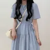 Feestjurken Koreaanse chique zomerse tas stropdas met verbindingsronde ronde nek korte mouwen blauwe jurk hoge casual shirts gewaad wilde whiteparty
