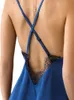 Sukienki robocze seksowne v szyja miękka satynowa jedwabna sukienka Summer Summer-Criss-Cross Backless Koronkowe zawieszenie snu elegancka solidna mini nocna odzież nocna