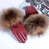 Пяти пальцев перчатки подлинные кожаные мех женщины зимняя мода енота теплое вождение девушки козьи козьи коричневые рукавицы гунза1